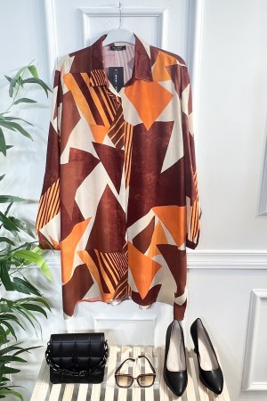 Mihrimah Gizli Düğmeli Pamuk Viskon Tunik Gömlek-Oranj Kiremit Geo