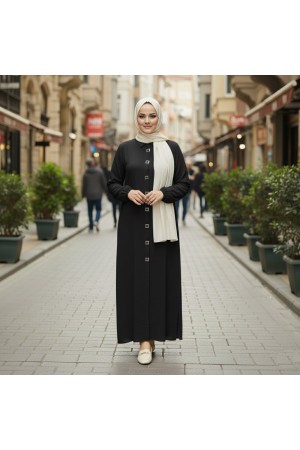 Dünya Kare Metal Düğmeli Yakalı Ferace - Siyah 