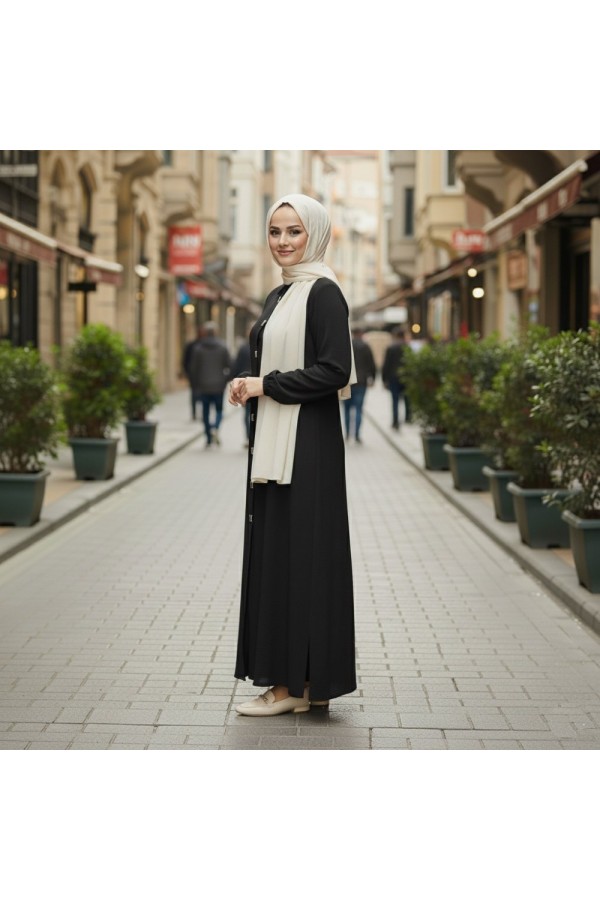 Dünya Kare Metal Düğmeli Yakalı Ferace - Siyah 