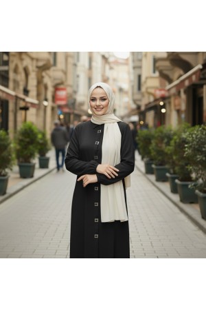 Dünya Kare Metal Düğmeli Yakalı Ferace - Siyah 