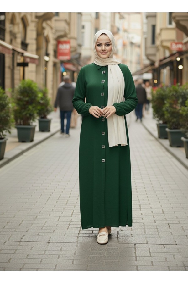 Dünya Kare Metal Düğmeli Yakalı Ferace - Zümrüt