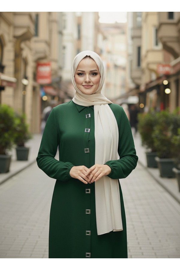 Dünya Kare Metal Düğmeli Yakalı Ferace - Zümrüt