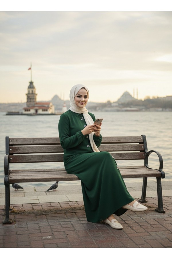 Dünya Kare Metal Düğmeli Yakalı Ferace - Zümrüt