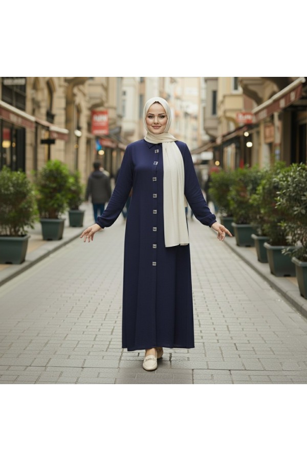Dünya Kare Metal Düğmeli Yakalı Ferace - Lacivert