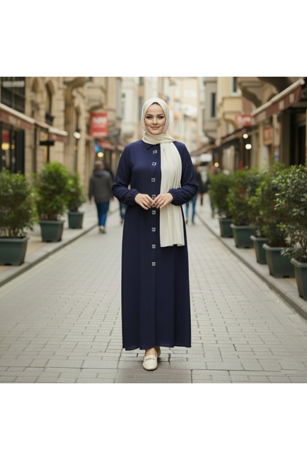 Dünya Kare Metal Düğmeli Yakalı Ferace - Lacivert