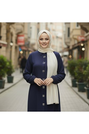 Dünya Kare Metal Düğmeli Yakalı Ferace - Lacivert