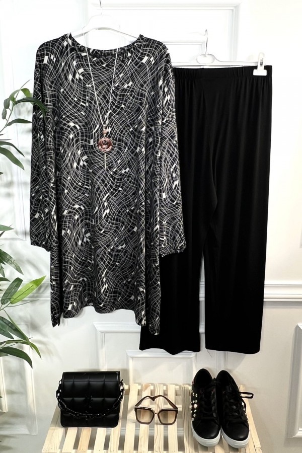 Esila Full Esnek Likralı Penye Viskon Takım-Siyah File Esila Full Esnek Likralı Penye Viskon Takım-Siyah File