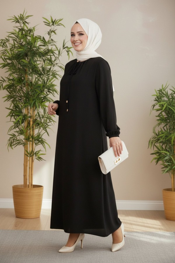 Nehir Yakası Büzgü Bağcıklı Ayrobin Elbise - Siyah 