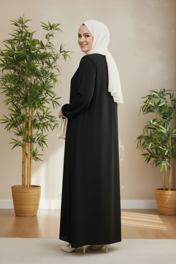 Nehir Yakası Büzgü Bağcıklı Ayrobin Elbise - Siyah 