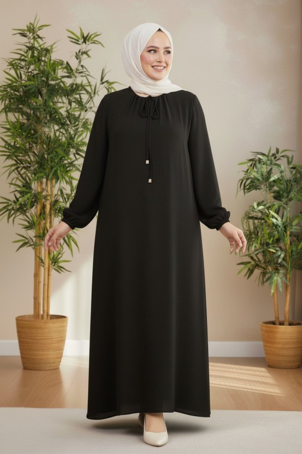 Nehir Yakası Büzgü Bağcıklı Ayrobin Elbise - Siyah 