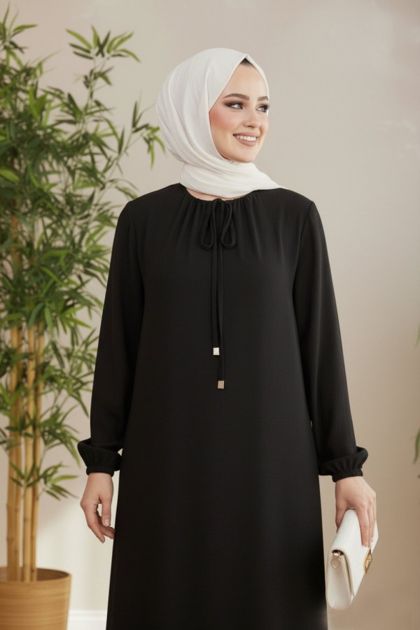 Nehir Yakası Büzgü Bağcıklı Ayrobin Elbise - Siyah 