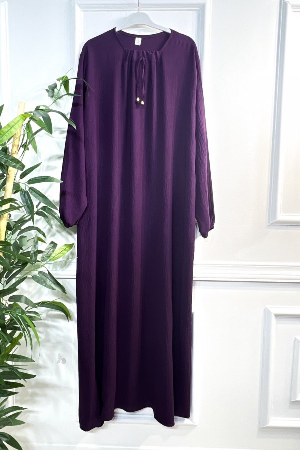 Nehir Yakası Büzgü Bağcıklı Ayrobin Elbise - Mürdüm 