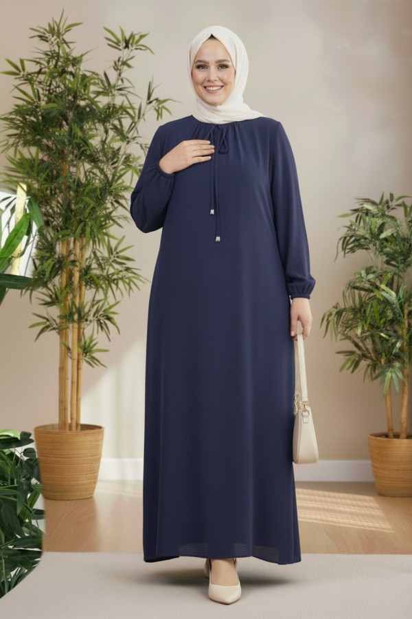 Nehir Yakası Büzgü Bağcıklı Ayrobin Elbise - Lacivert