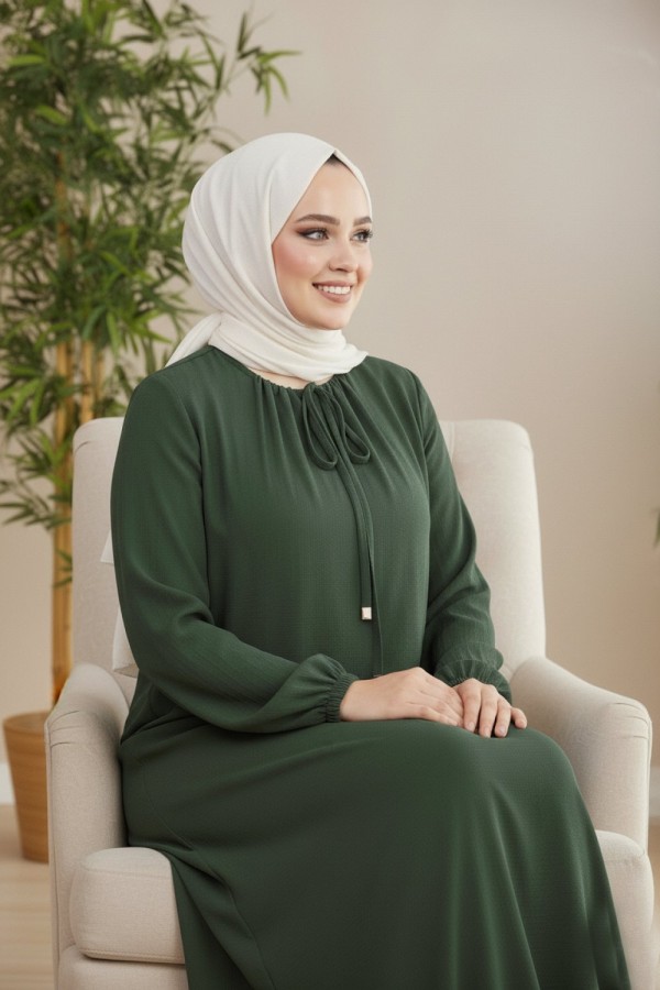 Nehir Yakası Büzgü Bağcıklı Ayrobin Elbise - Haki