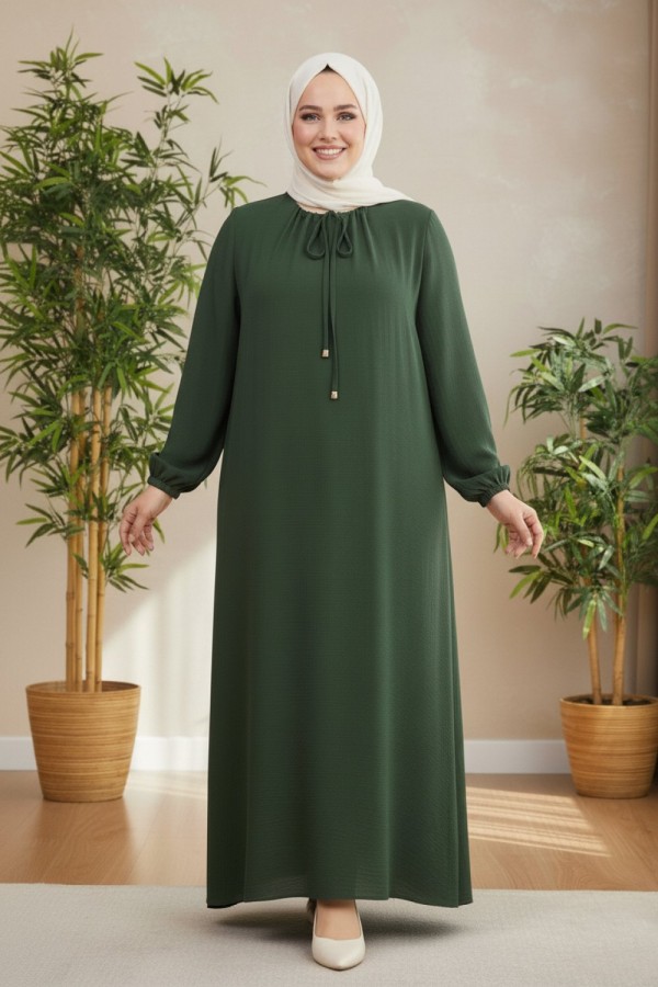 Nehir Yakası Büzgü Bağcıklı Ayrobin Elbise - Haki