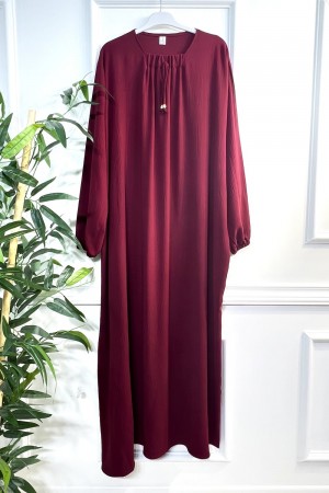 Nehir Yakası Büzgü Bağcıklı Ayrobin Elbise - Bordo