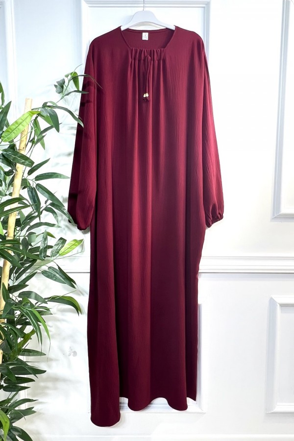 Nehir Yakası Büzgü Bağcıklı Ayrobin Elbise - Bordo