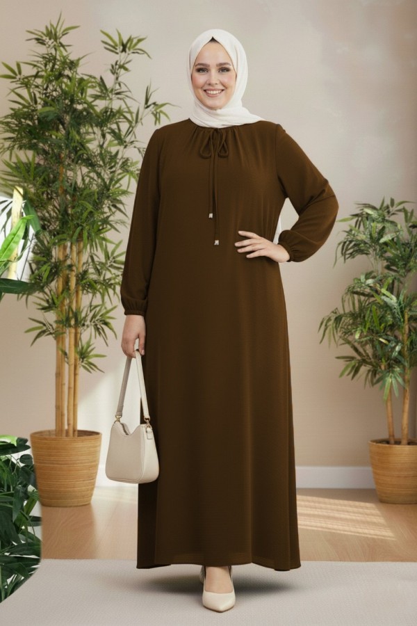 Nehir Yakası Büzgü Bağcıklı Ayrobin Elbise - Kahverengi