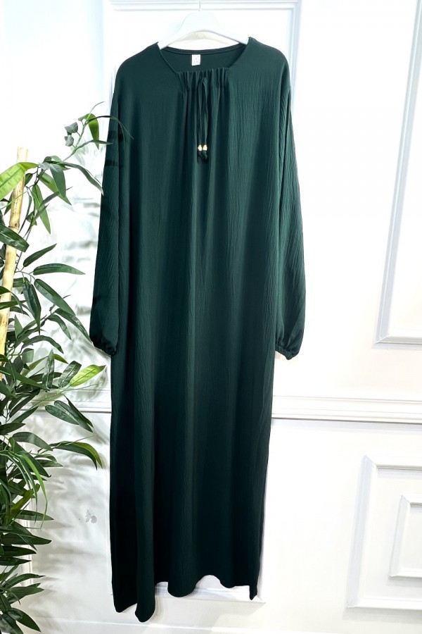 Nehir Yakası Büzgü Bağcıklı Ayrobin Elbise - Zümrüt