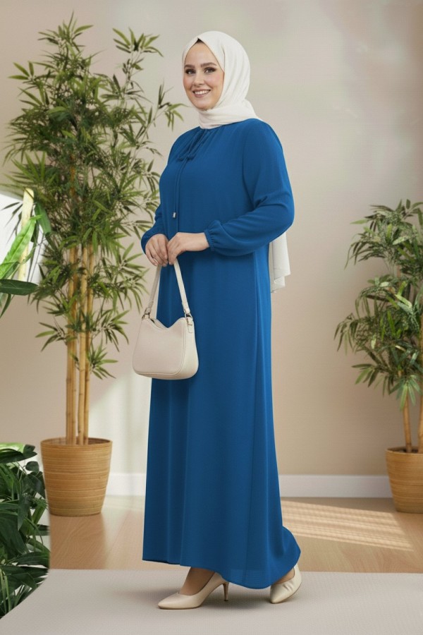 Nehir Yakası Büzgü Bağcıklı Ayrobin Elbise - İndigo