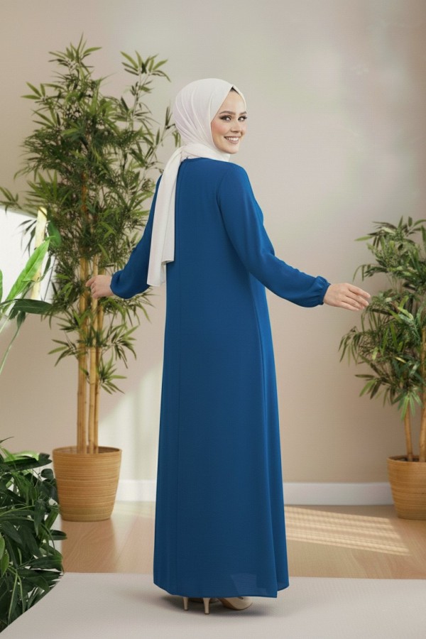 Nehir Yakası Büzgü Bağcıklı Ayrobin Elbise - İndigo