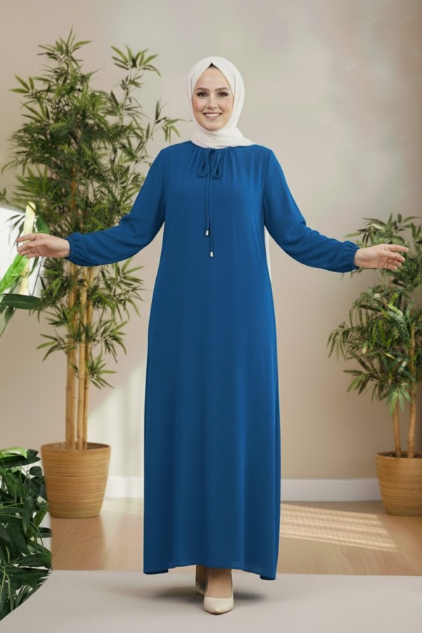 Nehir Yakası Büzgü Bağcıklı Ayrobin Elbise - İndigo