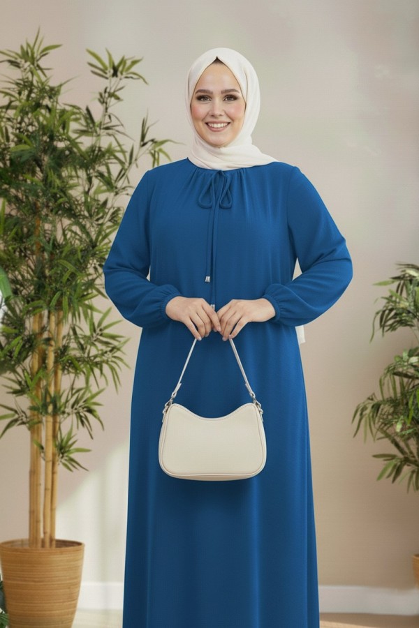 Nehir Yakası Büzgü Bağcıklı Ayrobin Elbise - İndigo