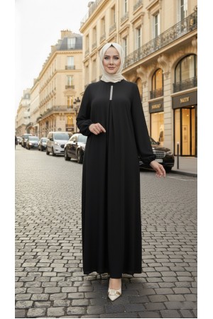 Mahperi Taşlı Ağ Pileli Ayrobin Elbise -Siyah