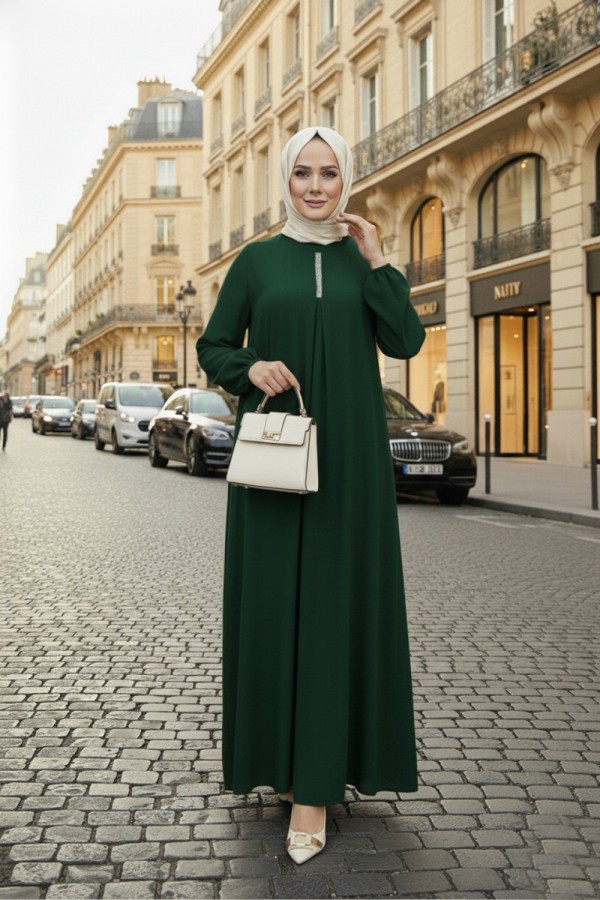 Mahperi Taşlı Ağ Pileli Ayrobin Elbise -Zümrüt