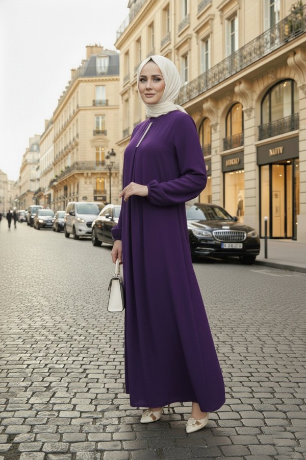 Mahperi Taşlı Ağ Pileli Ayrobin Elbise -Mürdüm