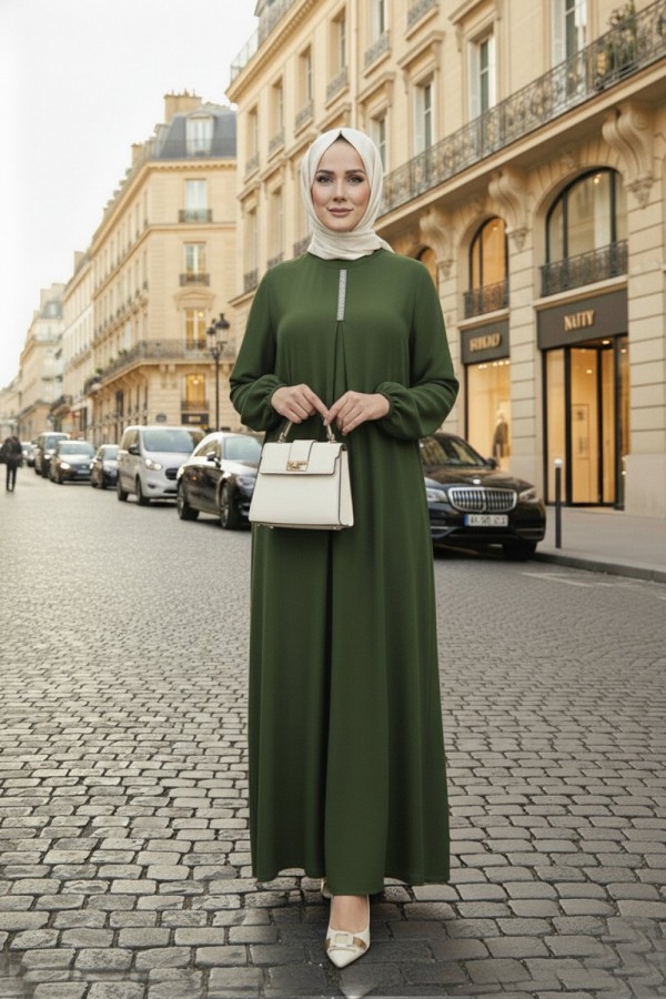 Mahperi Taşlı Ağ Pileli Ayrobin Elbise -Haki