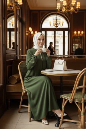 Mahperi Taşlı Ağ Pileli Ayrobin Elbise -Haki