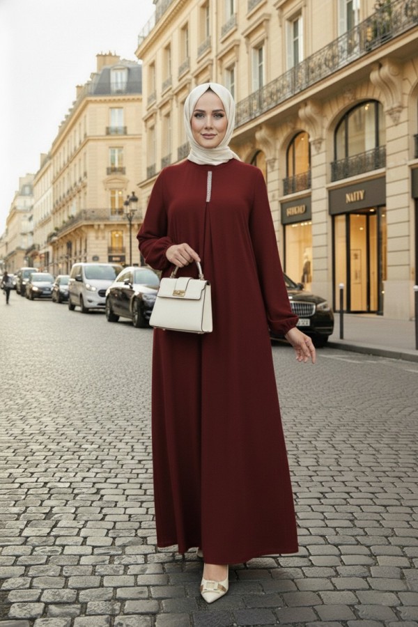 Mahperi Taşlı Ağ Pileli Ayrobin Elbise -Bordo