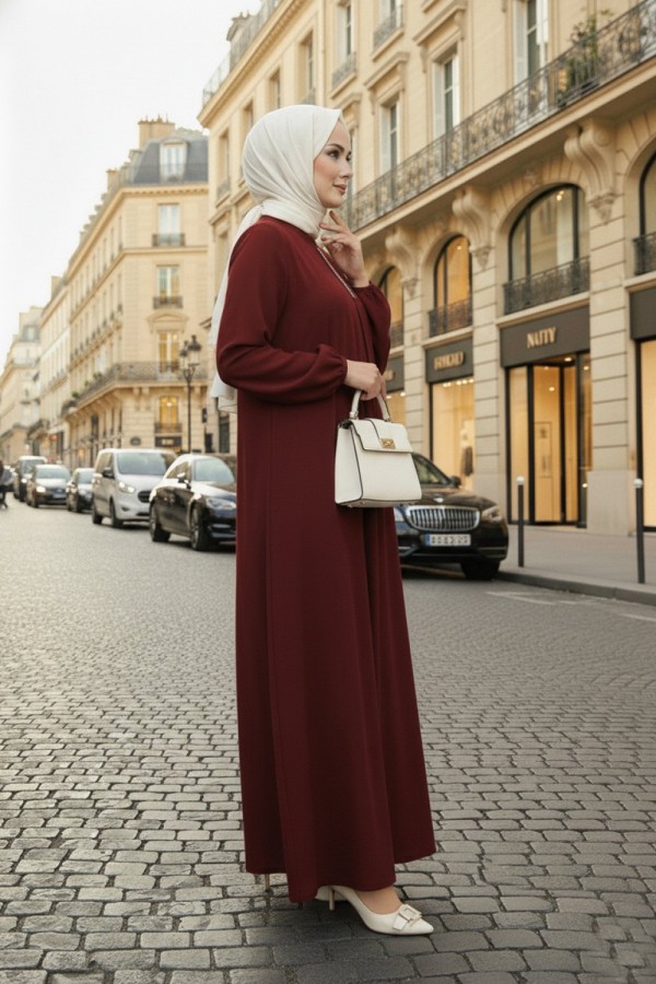 Mahperi Taşlı Ağ Pileli Ayrobin Elbise -Bordo