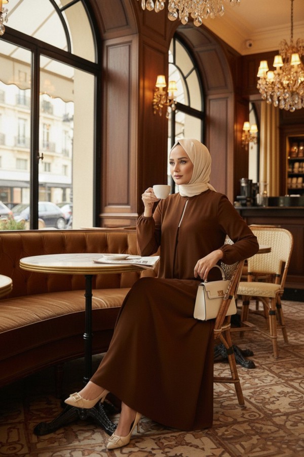 Mahperi Taşlı Ağ Pileli Ayrobin Elbise -Kahve