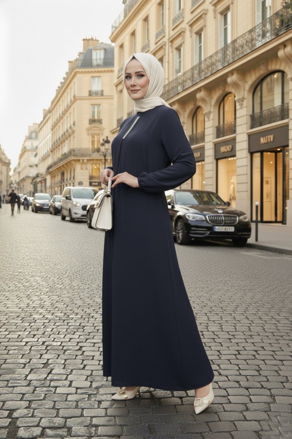 Mahperi Taşlı Ağ Pileli Ayrobin Elbise -Lacivert