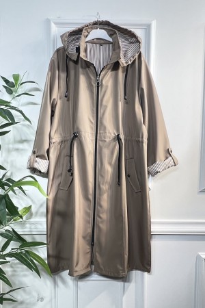 Rüya Çıkarılabilir Kapşonlu İçi Çizgili Ara Boy Trenç - Bej