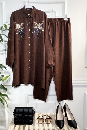 Işıltı Pul Payetli Keten İkili Takım - Kahverengi Işıltı Pul Payetli Keten İkili Takım - Kahverengi