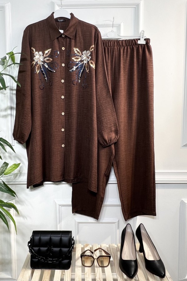 Işıltı Pul Payetli Keten İkili Takım - Kahverengi Işıltı Pul Payetli Keten İkili Takım - Kahverengi
