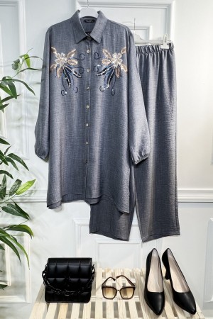 Işıltı Pul Payetli Keten İkili Takım - Gri Işıltı Pul Payetli Keten İkili Takım - Gri