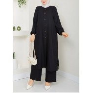 Mira Düğmeli Uzun Sofya Keten Takım -Siyah