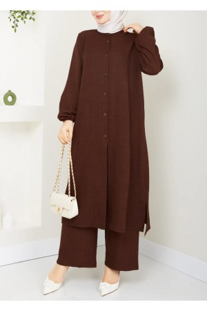 Mira Düğmeli Uzun Sofya Keten Takım -Kahverengi Mira Düğmeli Uzun Sofya Keten Takım -Kahverengi
