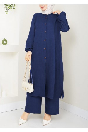 Mira Düğmeli Uzun Sofya Keten Takım -Lacivert Mira Düğmeli Uzun Sofya Keten Takım -Lacivert