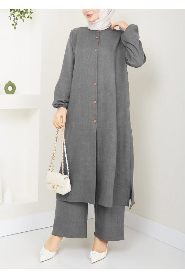 Mira Düğmeli Uzun Sofya Keten Takım -Gri Mira Düğmeli Uzun Sofya Keten Takım -Gri