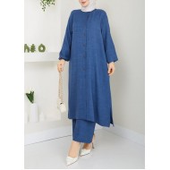 Mira Düğmeli Uzun Sofya Keten Takım -İndigo Mira Düğmeli Uzun Sofya Keten Takım -İndigo