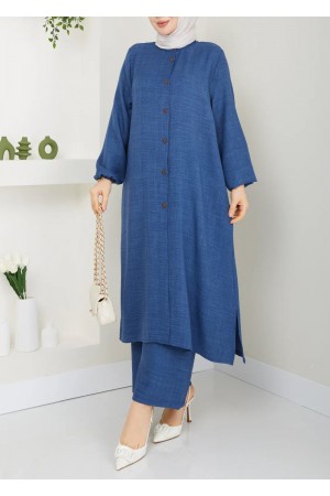 Mira Düğmeli Uzun Sofya Keten Takım -İndigo Mira Düğmeli Uzun Sofya Keten Takım -İndigo
