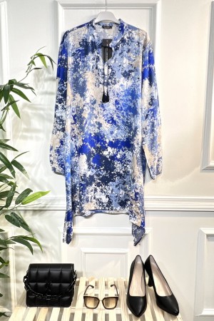 Ahenk Bağcıklı Pamuk Viskon Tunik - Mavi Batik