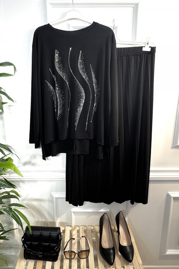 Yağmur Taşlı Sandy Etekli Takım - Siyah