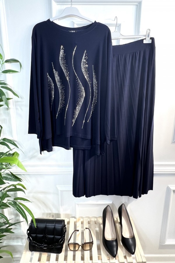 Yağmur Taşlı Sandy Etekli Takım - Lacivert