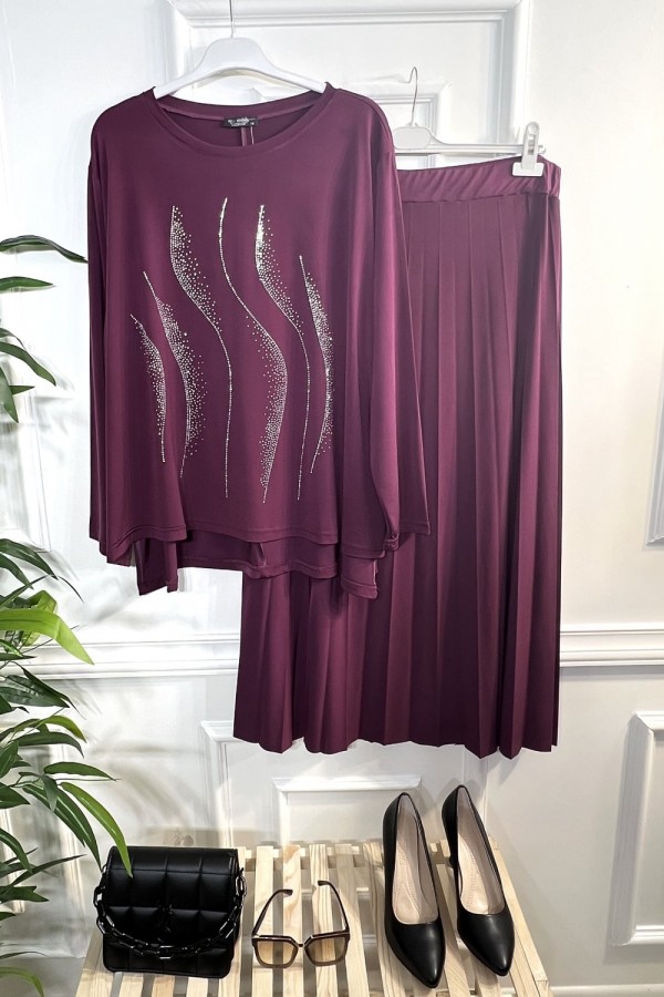 Yağmur Taşlı Sandy Etekli Takım - Vişne